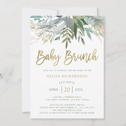 Chic Foliage | Baby Brunch met Faux Gold Script Kaart (Voorkant)
