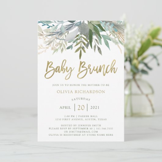 Chic Foliage | Baby Brunch met Faux Gold Script Kaart (Staand voorkant)