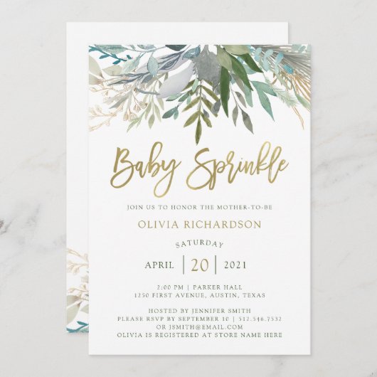 Chic Foliage | Baby met Faux Gold Script Kaart (Voorkant / Achterkant)
