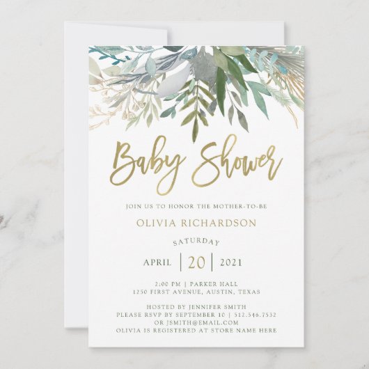 Chic Foliage | Baby shower met Faux Gold Script Kaart (Voorkant)