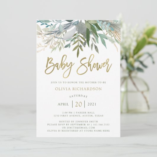 Chic Foliage | Baby shower met Faux Gold Script Kaart (Staand voorkant)