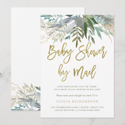 Chic Foliage | Baby shower per e-mail Gold Script Kaart (Voorkant / Achterkant)
