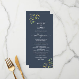 Chic Foliage Dark Blue Botanical Weddenschap Menu
