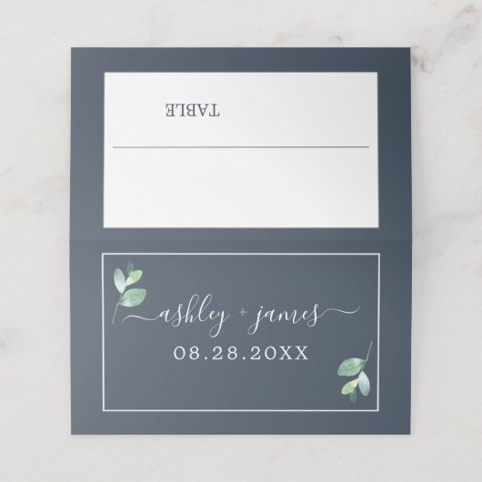 Chic Foliage Dark Blue Custom WeduwPlace Card Plaatskaartje (Buitenkant ongevouwen)