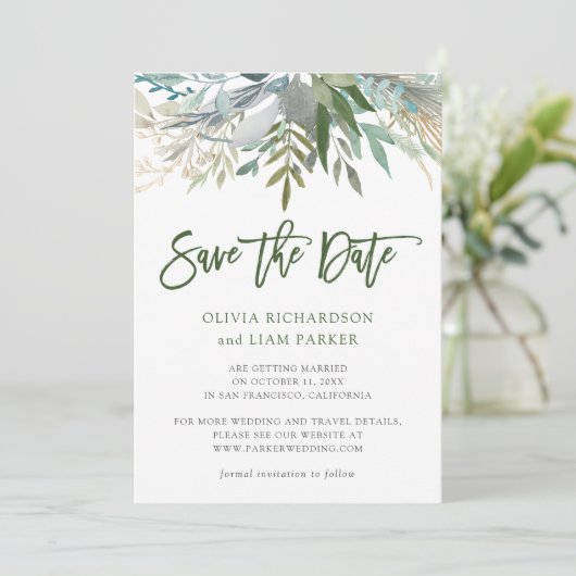 Chic Foliage | Fotobruiloft Save The Date (Staand voorkant)