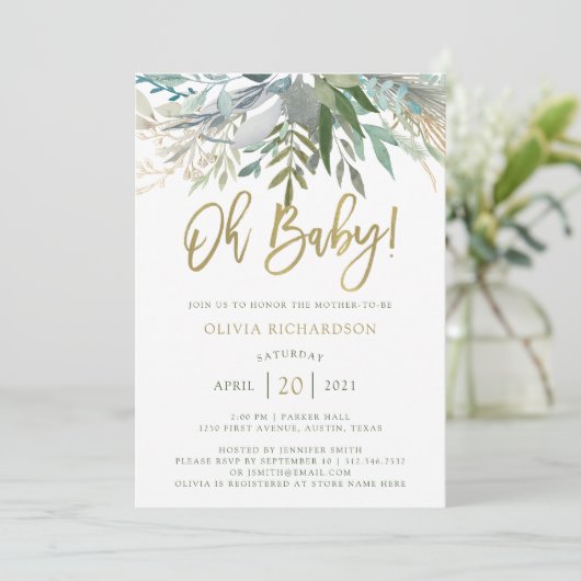 Chic Foliage | Oh Baby Baby shower en Gold Script Kaart (Staand voorkant)