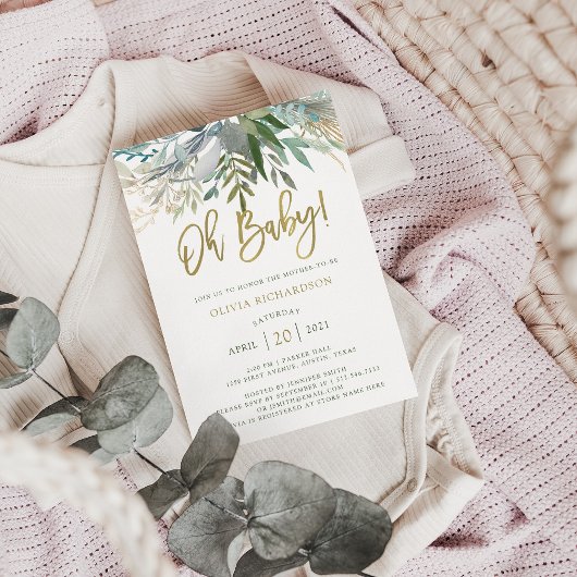 Chic Foliage | Oh Baby Baby shower en Gold Script Kaart