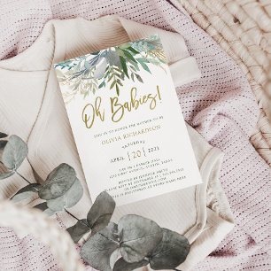 Chic Foliage Twins Baby shower en Gold Script Kaart
