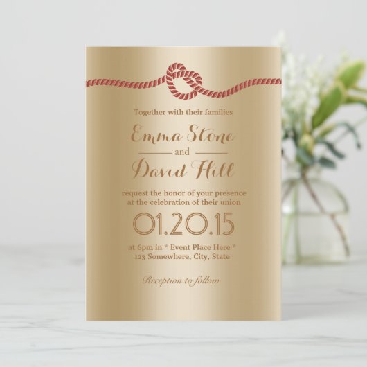 Chic Folie Gold Red Rope Knot Wedding Invitations Kaart (Staand voorkant)