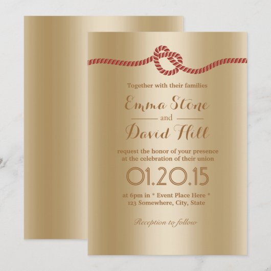 Chic Folie Gold Red Rope Knot Wedding Invitations Kaart (Voorkant / Achterkant)