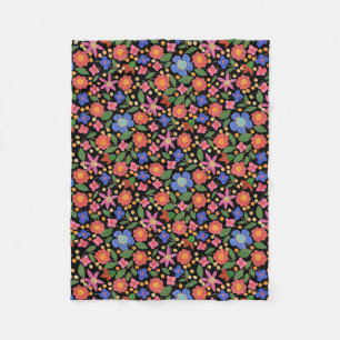 Chic Folk Art Style Floral Fleece Blanket op zwart