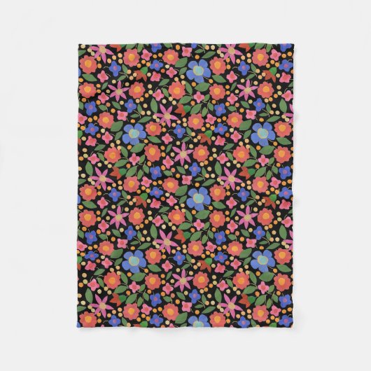 Chic Folk Art Style Floral Fleece Blanket op zwart (Voorkant)