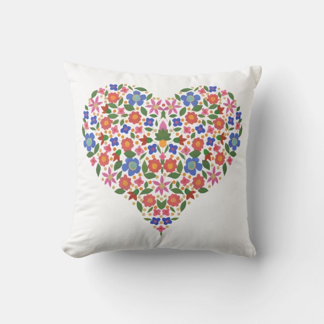 Chic Folk Art Style Floral Heart op wit Kussen (Voorkant)