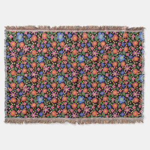 Chic Folk Art Style Floral op Black Throw Blanket Deken