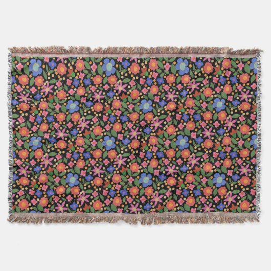 Chic Folk Art Style Floral op Black Throw Blanket Deken (Voorkant)
