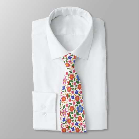 Chic Folk Art Style Floral op White Unisex Necktie Stropdas (Gebonden)