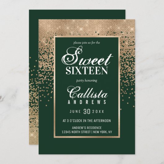 Chic Forest Green Gold Glitter Confetti Sweet 16 Kaart (Voorkant / Achterkant)