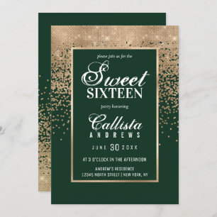 Chic Forest Green Gold Glitter Confetti Sweet 16 Kaart