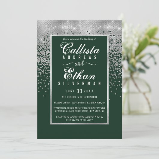 Chic Forest Green Silver Glitter Confetti bruiloft Kaart (Staand voorkant)