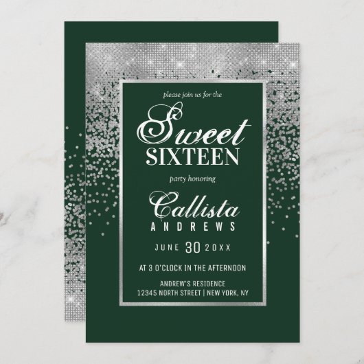 Chic Forest Green Silver Glitter Confetti Sweet 16 Kaart (Voorkant / Achterkant)