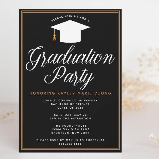 Chic Formal Black Gold Custom Graduation Party Kaart