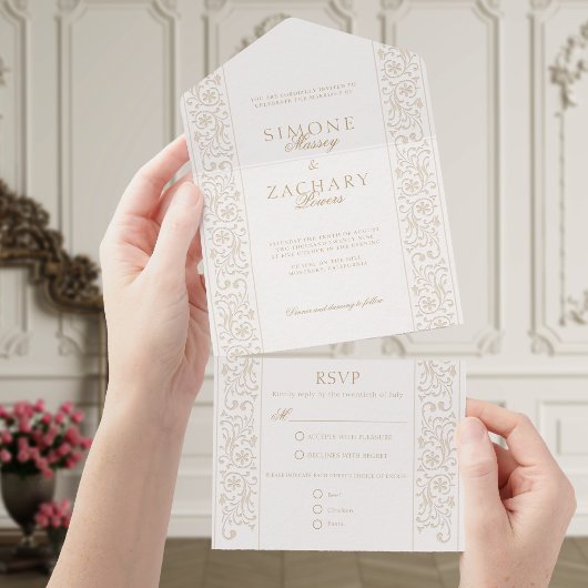 Chic Formal Ecru Scrollwork Border Wedding All In One Uitnodiging