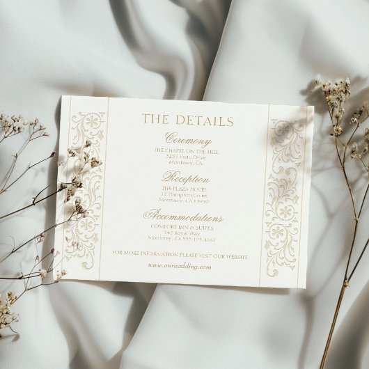 Chic Formal Ecru Scrollwork Border Wedding Informatiekaartje