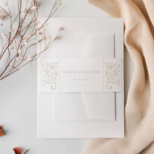 Chic Formal Ecru Scrollwork Border Wedding Uitnodigingen Wikkel
