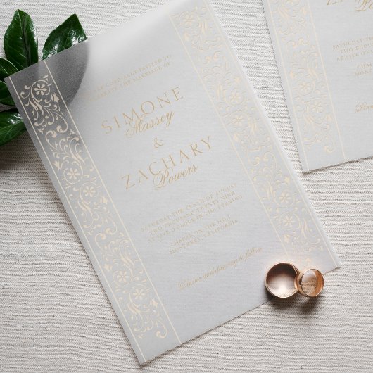 Chic Formal Ecru Scrollwork Border Wedding Vellum Uitnodigingen