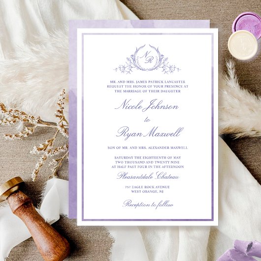 Chic Formal Monogram Lavender Waterverf Wedding Kaart