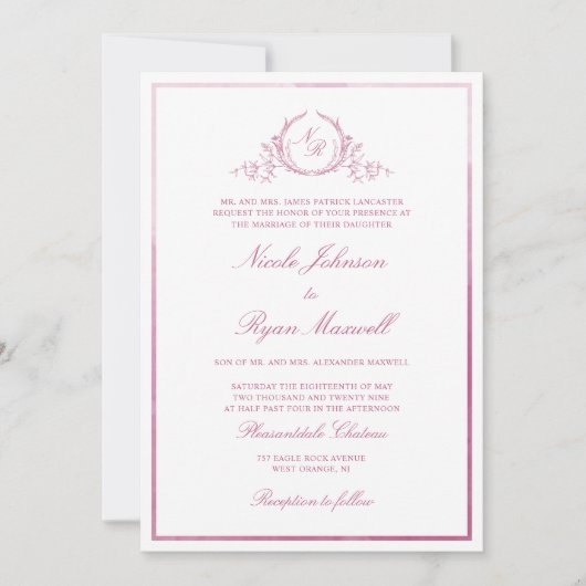 Chic Formal Monogram Mauve Pink Waterverf Weddensc Kaart (Voorkant)