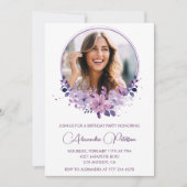 Chic Foto 37e verjaardagsuitnodiging Floral Paarse Kaart (Voorkant)