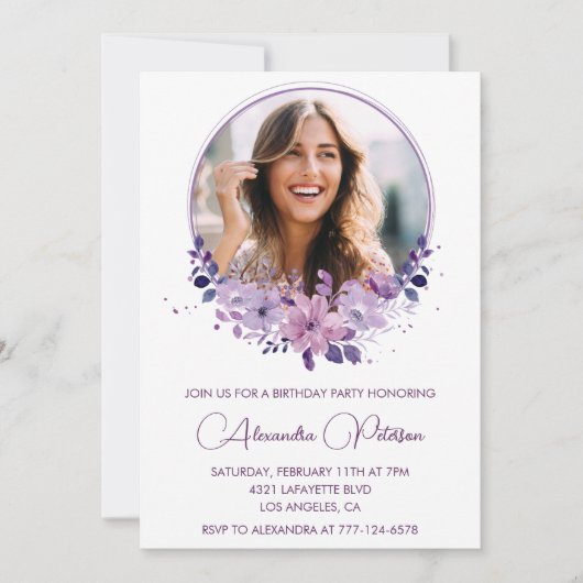 Chic Foto 38e verjaardagsuitnodiging Floral Paarse Kaart (Voorkant)