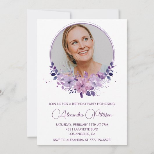 Chic Foto 57e verjaardagsuitnodiging Floral Paarse Kaart (Voorkant)