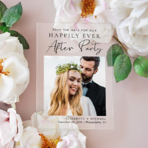 Chic foto huwelijksreceptie save the date acryl uitnodigingen