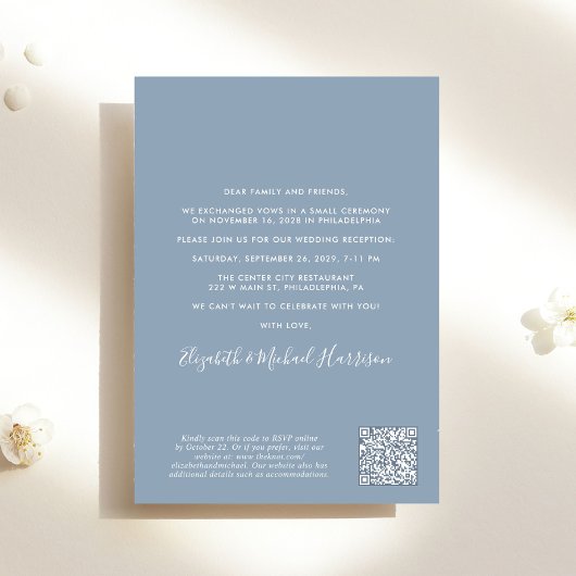 Chic Foto QR Code Dusty Blue bruiloft receptie Kaart