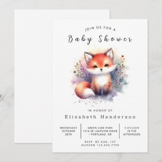 Chic Fox Illustration Fox Baby shower Kaart (Voorkant / Achterkant)