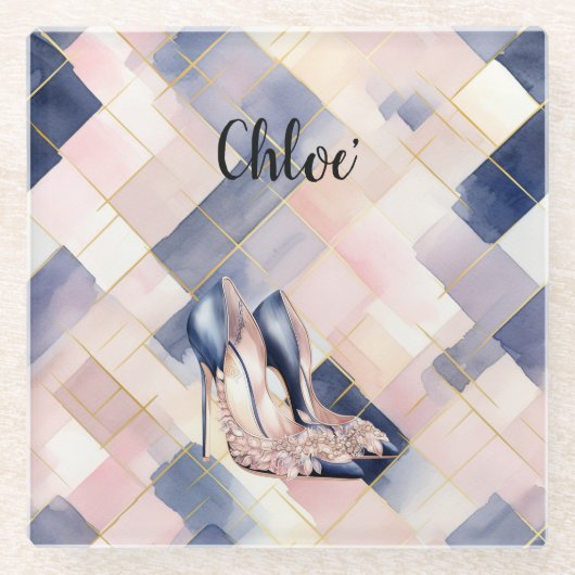Chic French Blue Cream Blush High Heels Glazen Onderzetter (Voorkant)