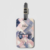 Chic French Blue Cream Pink Bow Bagagelabel (Voorkant (verticaal))