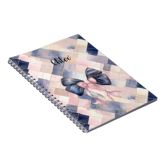 Chic French Blue Pink Bow Notitieboek (Rechterzijde)