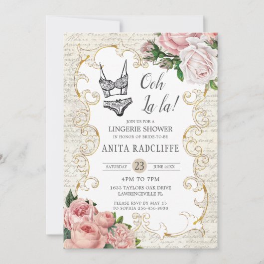 Chic French Rozen Lingerie Vrijgezellenfeest Kaart (Voorkant)