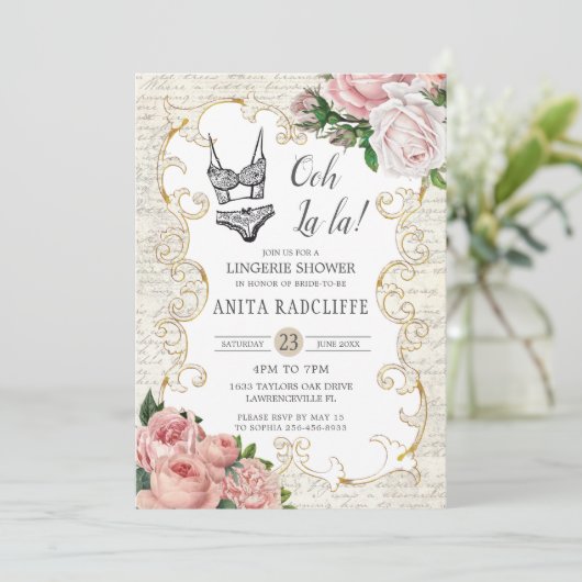 Chic  French Rozen Lingerie Vrijgezellenfeest Kaart (Staand voorkant)