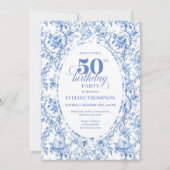 Chic French Toile de Jouy Blue Roses 50th Birthday Kaart (Voorkant)
