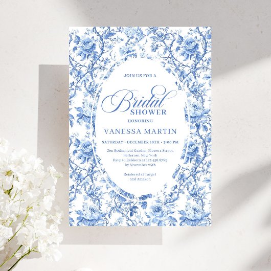 Chic French Toile de Jouy Blue Roses Bridal Shower Kaart
