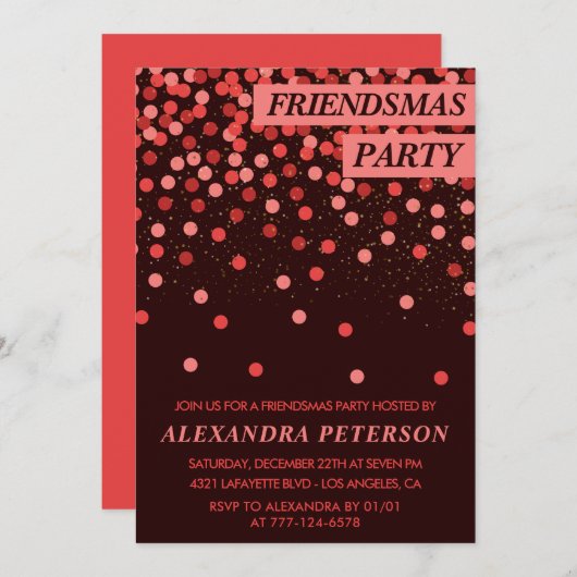 Chic Friendsmas uitnodiging Red Glitter Confetti (Voorkant / Achterkant)