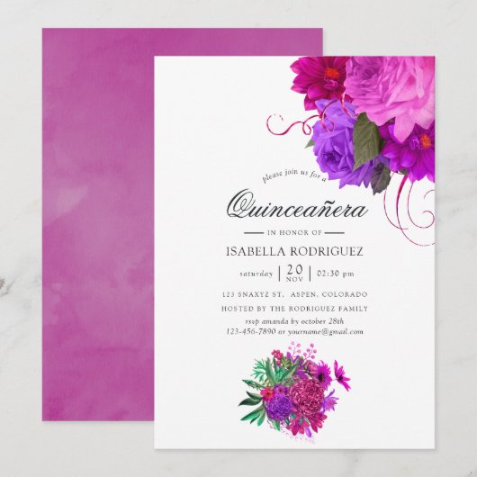  Chic Fuchsia en Paarse Floral Quinceañera Kaart (Voorkant / Achterkant)