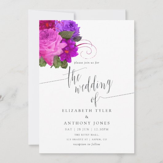 chic Fuchsia en Paarse huwelijksuitnodiging Kaart (Voorkant)