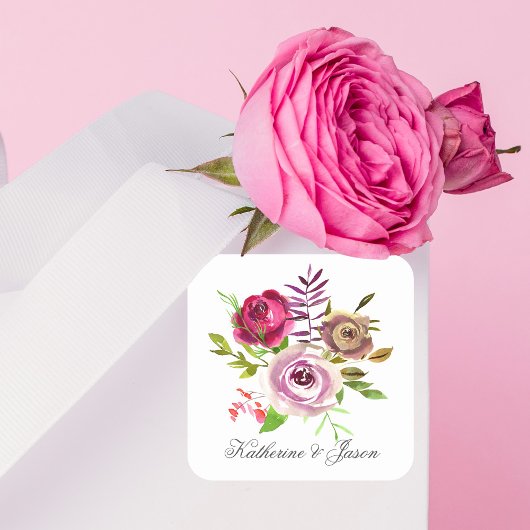 Chic Fuchsia Pink Floral Romantic Garden Wedding Vierkante Sticker