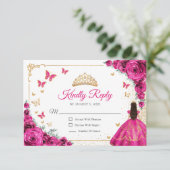Chic Fuchsia Pink Roses Gold Quinceanera Reply RSVP Kaartje (Staand voorkant)