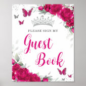 Chic Fuchsia Roze Bloemen Quinceañera Gastenboek Poster (Voorkant)